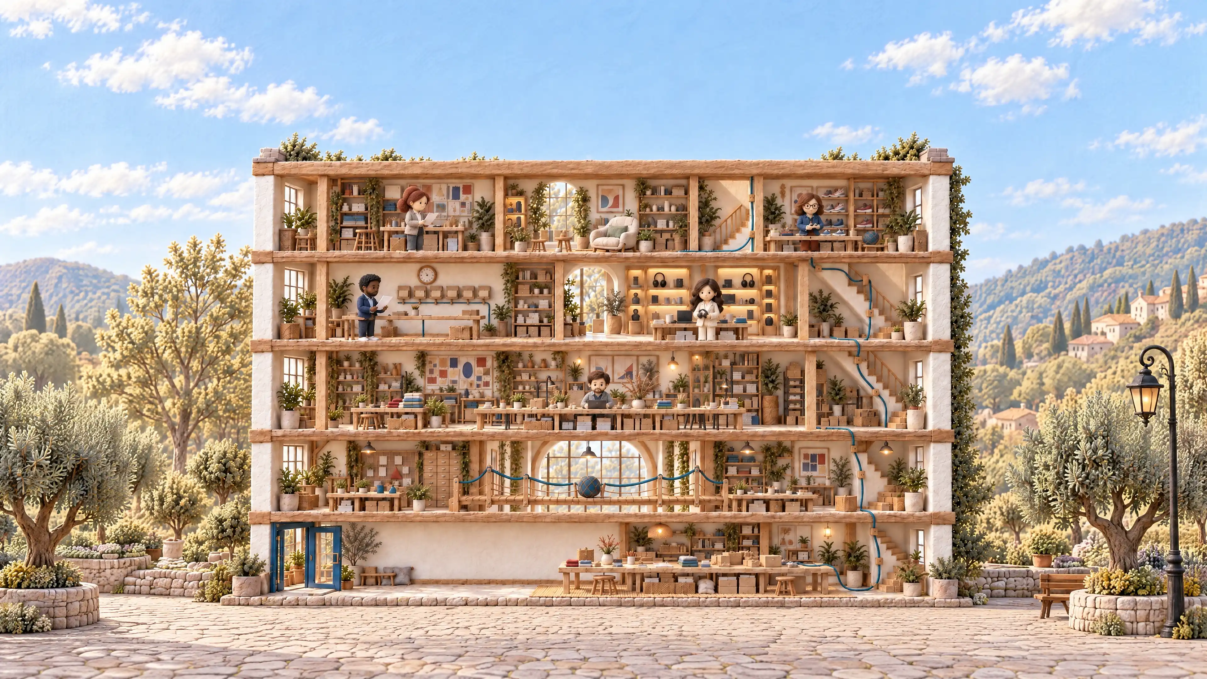 El edificio de la tienda, tres pisos abiertos, el equipo trabajando en cada uno.